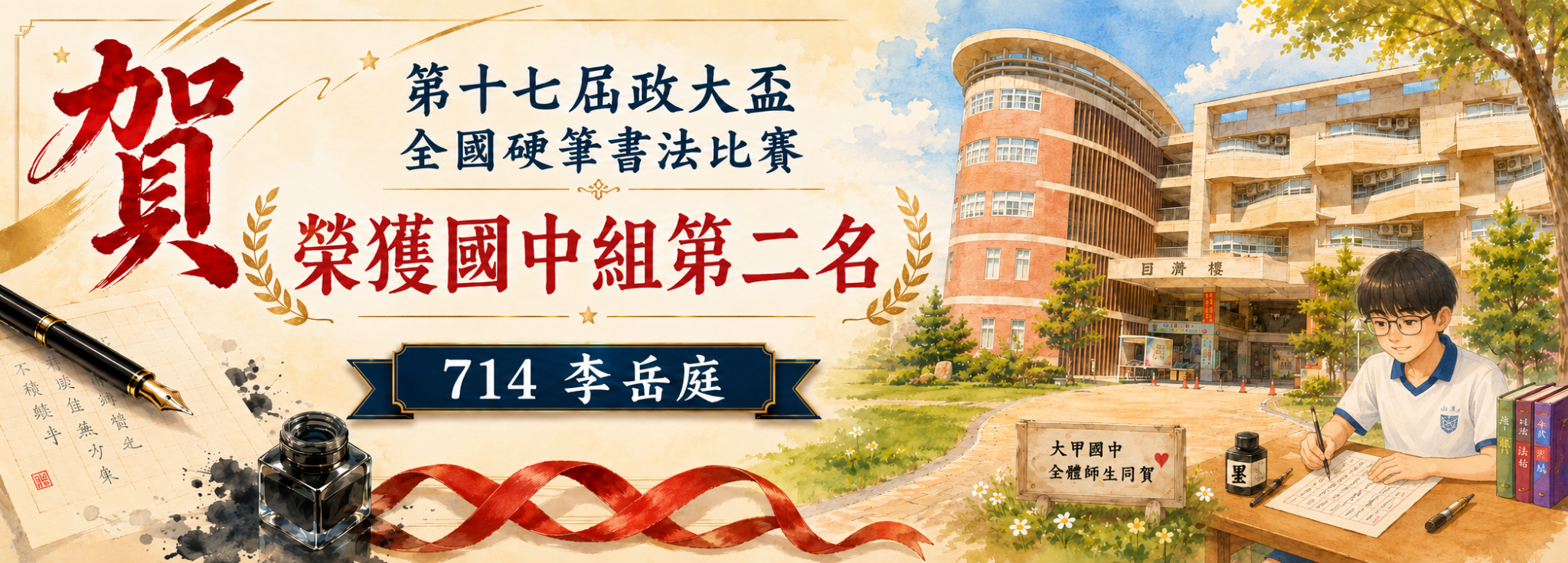 115第十七屆政大盃 全國硬筆書法比賽714李岳庭 榮獲國中組第二名